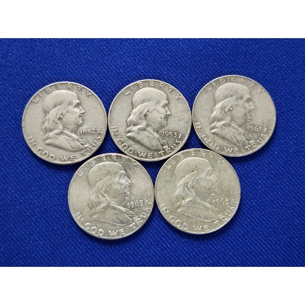 x5 90% Silver Franklin Half Dollars: 1952, 1953, 1961, 1963, 1963 FV: $2.50