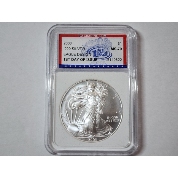 2008 American Silver Eagle - 1 oz .999 Fine Silver - FDOI - IGS MS70