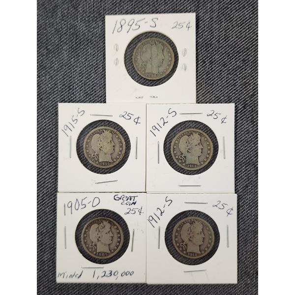 Five Assorted 90% Silver United States Barber Quarters ~ $1.25 Face Value!