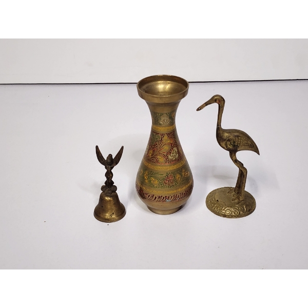 Lot of Brass Decor: Detailed Vase, Crane Statue, Tinkerbell Bell - TW: 313.2g 