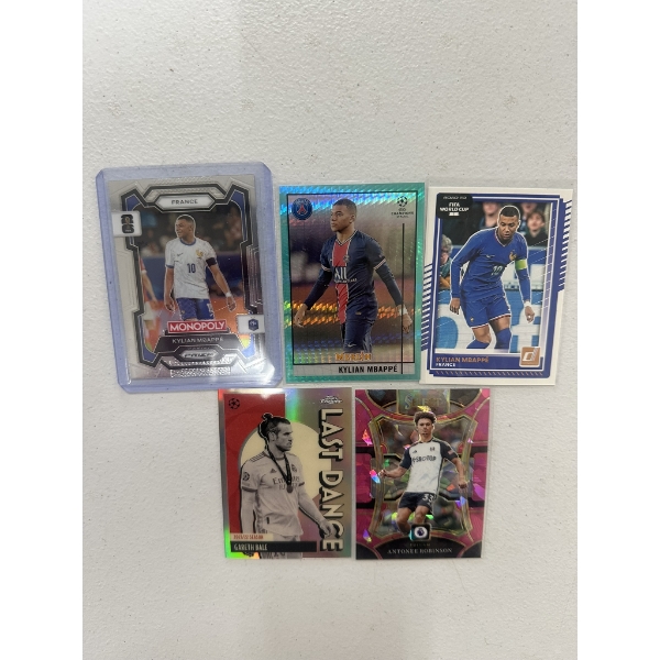 Five Soccer Trading Cards including Kylian Mbappe, Gareth Bale, Antonee Robinson