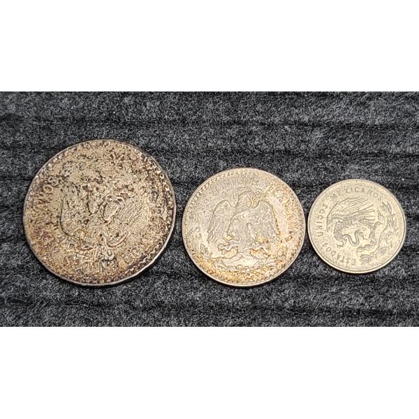 Lot Of (3) Silver Foreign Coins- Mexican 1943 Un Peso, 1943 50 Centavos & 1952 25 Centavos