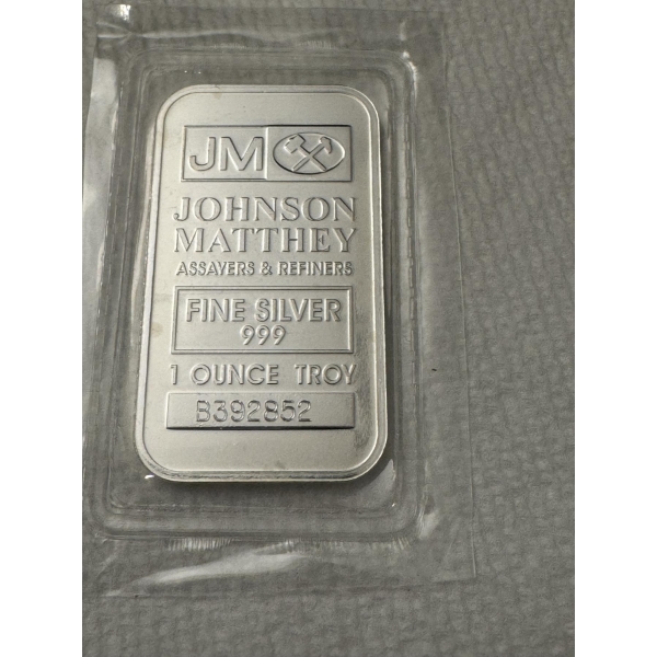 Johnson Matthey .999 Fine Silver One Troy Ounce Bar - Mint Condition & Sealed