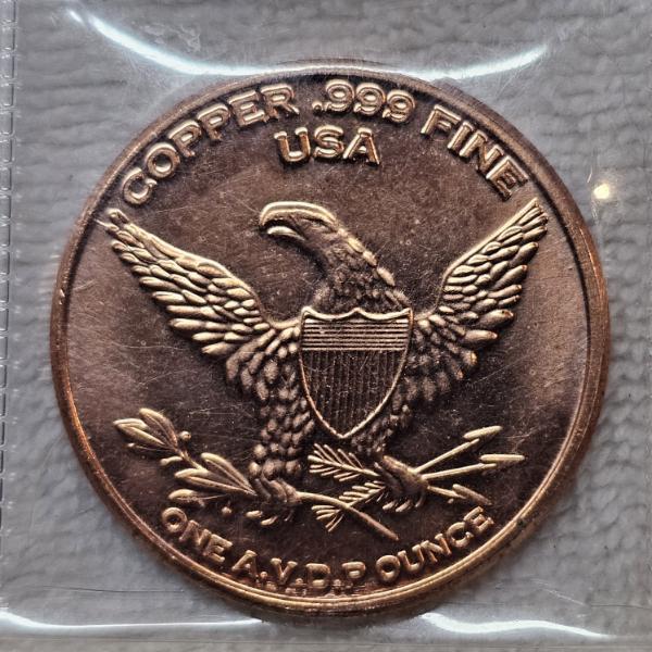 1oz .999 Fine Copper Bullion Round with Classic Golden State Mint Eagle and Shield Design