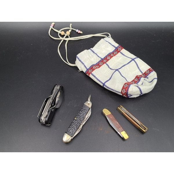 4 Pocket Knives in Checkered Bag - One Includes Spoon/fork/corkscrew (back is broken)