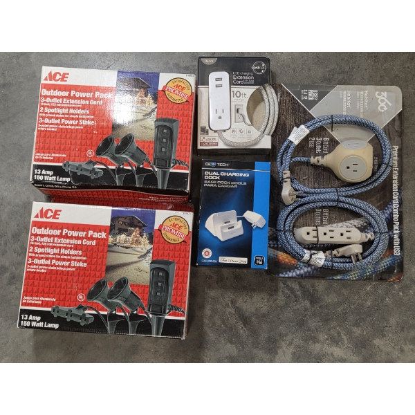 All New- Two Outdoor Power Packs, Dock Charger & Two Extension Cords With USB Ports