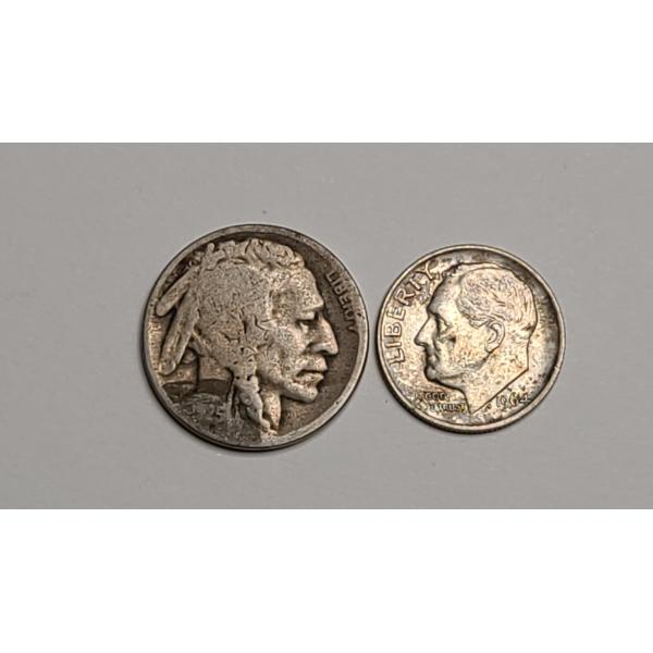 United States 1964 90% Silver Roosevelt Dime & 1925 Buffalo Nickel - Face Value: $0.15