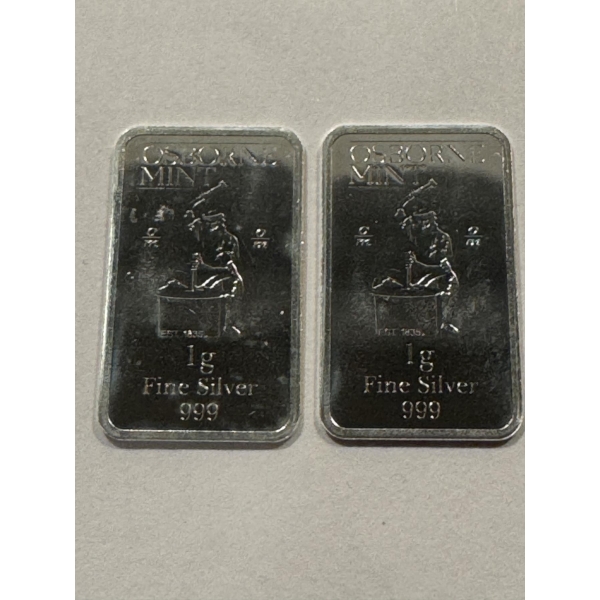 2 - RARE Osborne Mint .999 Fine Silver 1 Gram Bars - Mint Condition