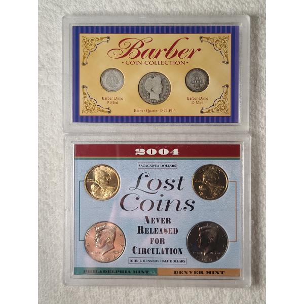 Two Coin Displays Featuring Barber Coin Collection & 2004 Lost Coins Never Released For Circulation