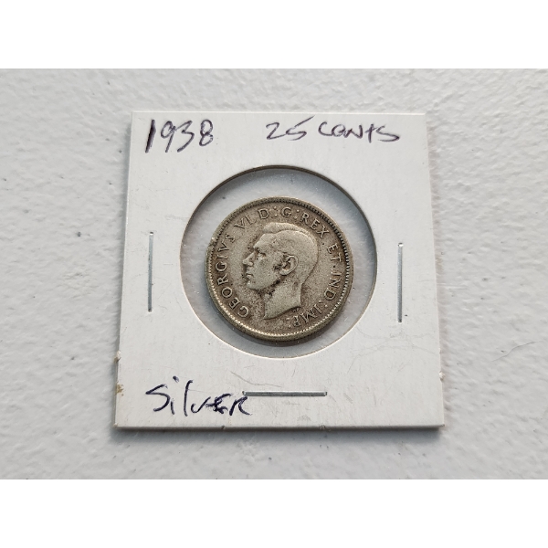 1938 Canadian 25 Cent Coin 80% Silver ASW: 0.6oz