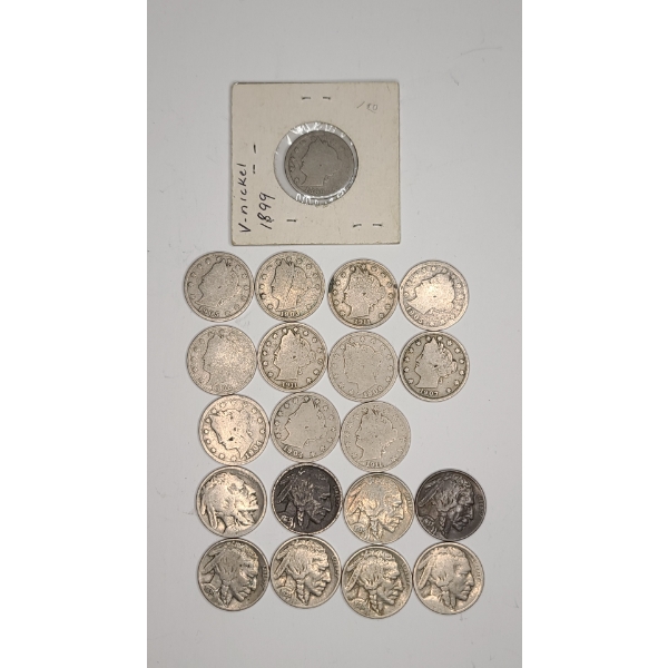 Assorted Years Liberty "V" Nickels & Buffalo Nickels - Face Value: $1.00