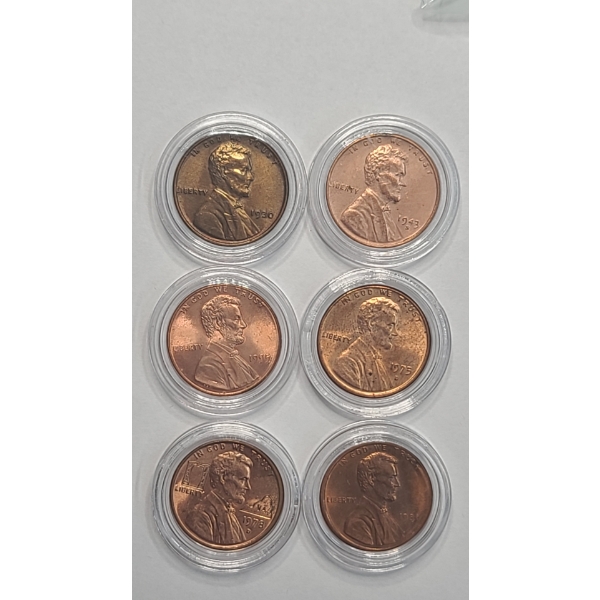 (6) Assorted United States Lincoln Cents including Red-Brown 1930-P Lincoln Wheat Cent - FV: $0.06