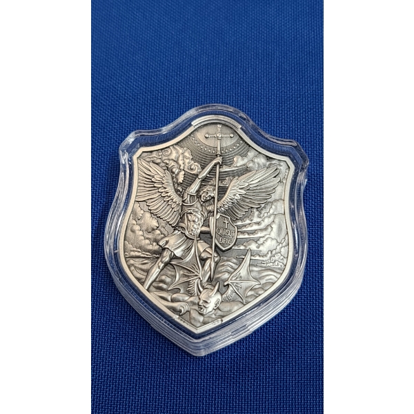 St. Michael Archangel Defeating Satan Concave 2 Oz .999 Silver Shield