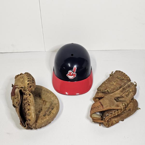 Collection of 3 Vintage Baseball Memorabilia and Gear ft. Chief Wahoo Helmet and Vintage Gloves