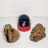 Image 1 : Collection of 3 Vintage Baseball Memorabilia and Gear ft. Chief Wahoo Helmet and Vintage Gloves
