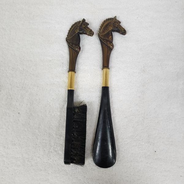 Vintage Mid-20th Century Equestrian Valet Set: Shoe Brush and Shoehorn  