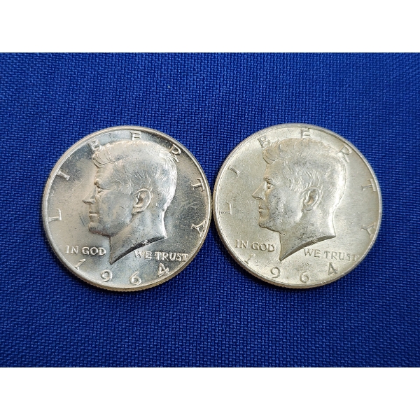 x2 1964 Kennedy Half Dollars - 90% Silver - Face Value: $1.00