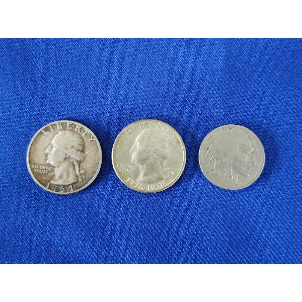 Three U.S. Coins Including 1953 90% Silver Quarter, Buffalo Nickel, Bicentennial Quarter