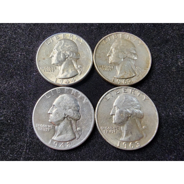 Four Beautiful 90% Silver Washington Head Quarters - $1.00 Face Value in Higher Grade 90% Silver