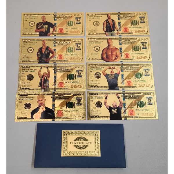 (8) Cold Stone Steve Austin 24K Gold Foil Banknotes Set w/ COA