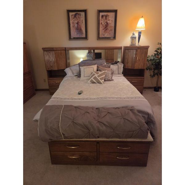 Queen TemprPedic Adjustable Mattress, Box Spring, Huge Oak Headboard And Cedar Bench