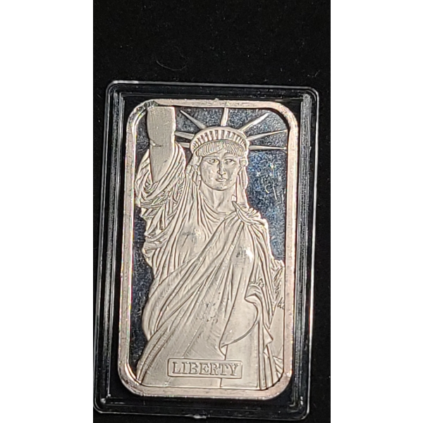 Vintage Statue Of Liberty 1 Troy Oz .999 Fine Silver MTB Rare Johnson Matthey Bar With Serial Number