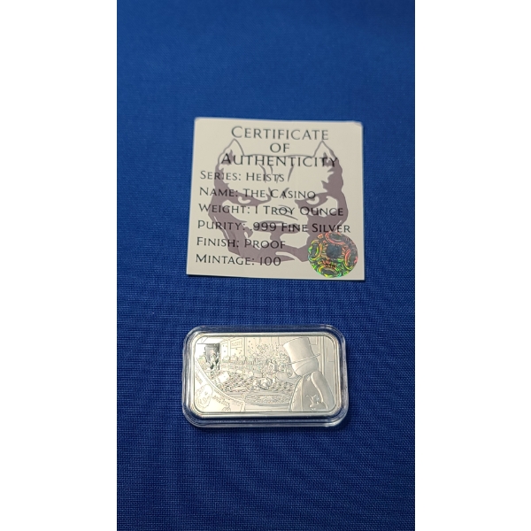 Pit Bullion 1 Troy Ounce .999 Fine Silver Bar With Proof Like Finish- The Casino