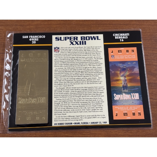 Authentic 1989 Super Bowl XXIII NFL Football Ticket & 24K Gold Plated Ticket - Mint Condition