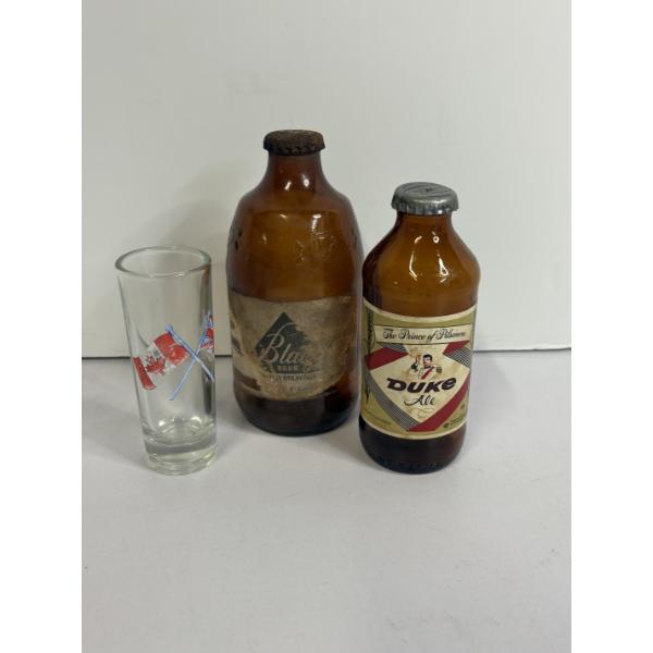2 Amber Glass Bottles - Beer & Duke Ale - Canadian Shot Glass
