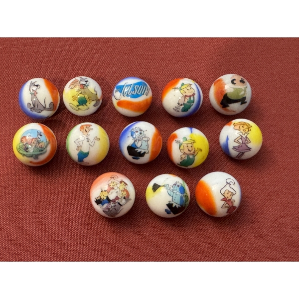 Extremely Rare Vintage Jetson's Hand Painted 13 Piece Marble Advertising Set - Mint Condition