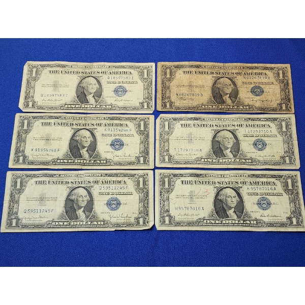 x6 United States $1 Blue Seal Silver Certificates FV: $6.00