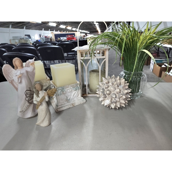 Lot of Home Decor Items: Lantern, Faux Plant, Candleholders, Collectible Angel Figurines