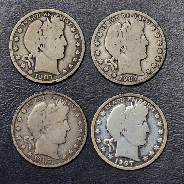 4 pcs -  Barber  (Liberty Head) 90% Silver Half Dollars 1907 P / D / O / S - See pics
