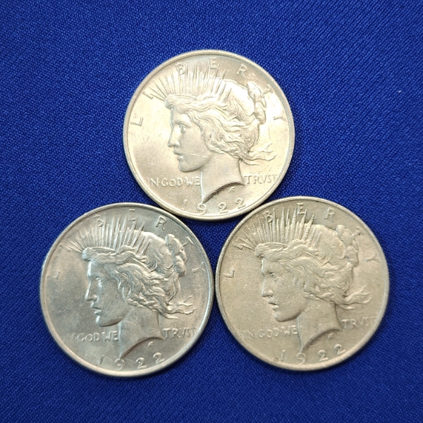 Three 1922 United States Silver Peace Dollars - 90% Silver
