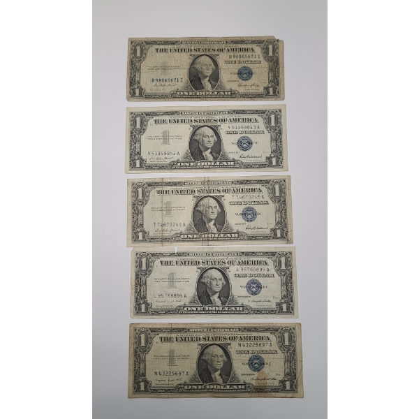 Series 1935 E, 1957, 1957 A $1 Silver Certificate Bank Notes - Face Value: $5.00