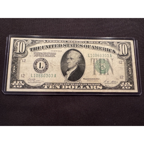 1928 United States Hamilton $10 Bill In Protective Holder - Great Condition
