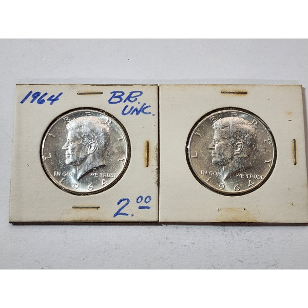 Two 1964 90% Silver Kennedy Half Dollars 