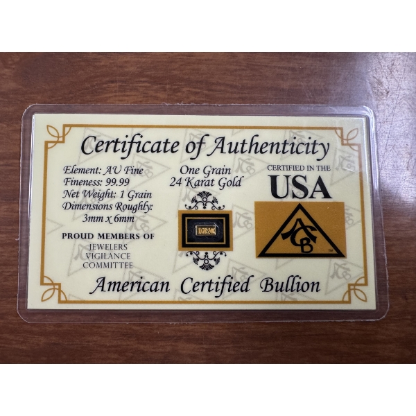 American Certified Bullion 1 Grain of Gold .9999 Pure Bar - Mint Condition
