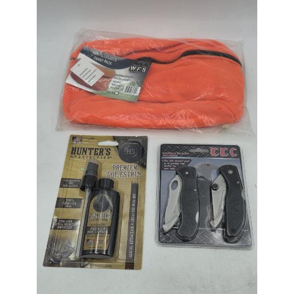 Brand New Blaze Orange Fleece Fanny Pack, 2oz Premium Doe Estrus, And Two Pack Huntsman  Knives