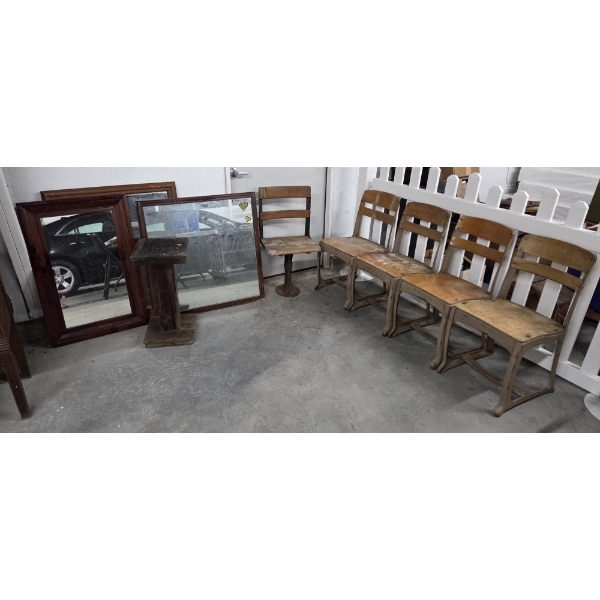 Five Vintage 16''x31'' Wood Student Chairs, 12''x24'' Wood Plant Stand & 3 Large Framed Mirrors