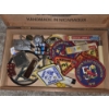 Image 3 : PICKUP IN CANTON - Wood Cigar Box With Patches, Dice, Pins, Small Knife And More Neat Items 