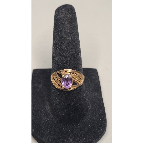 Women's Vintage 10K Yellow Gold Filigree Style Amethyst Ring - Size 6 - Weight: 1.9g