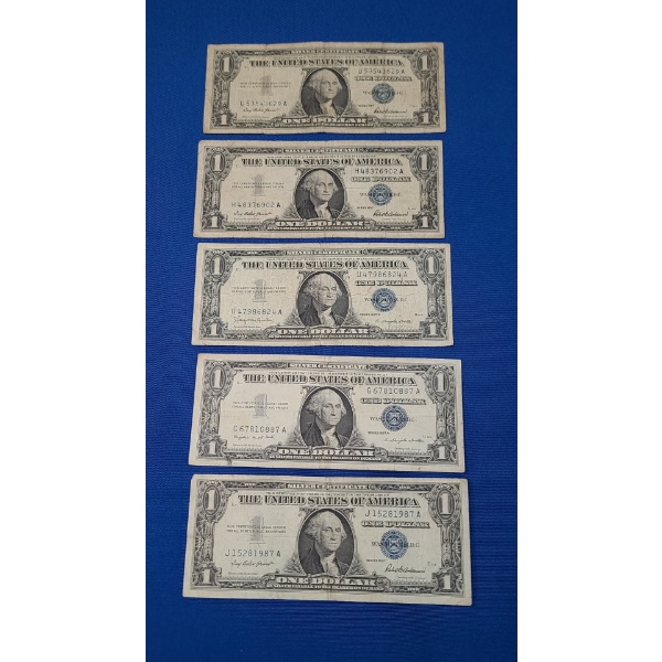 (5) $1 Blue Seal Silver Certificates - Series 1957, 1957 A, 1957 B