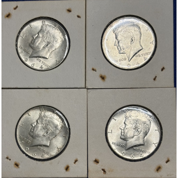 Lot of 4 90% Silver 1964 Kennedy Half-Dollars, FV $2.00