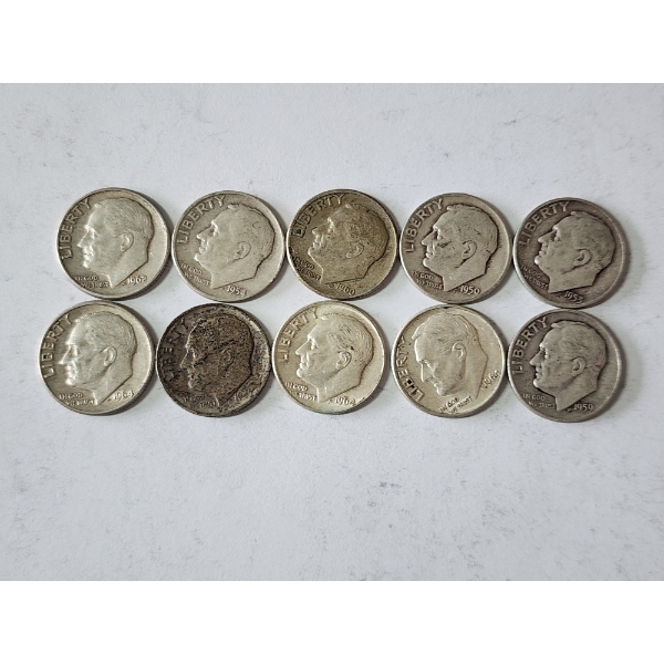 x10 Assorted Years & Mint Marks U.S. 90% Silver Roosevelt Dimes FV: $1.00