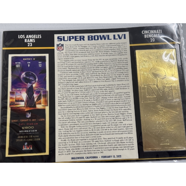 Authentic 2022 Super Bowl LVI NFL Football Ticket & 24K Gold Plated Ticket - Mint Condition
