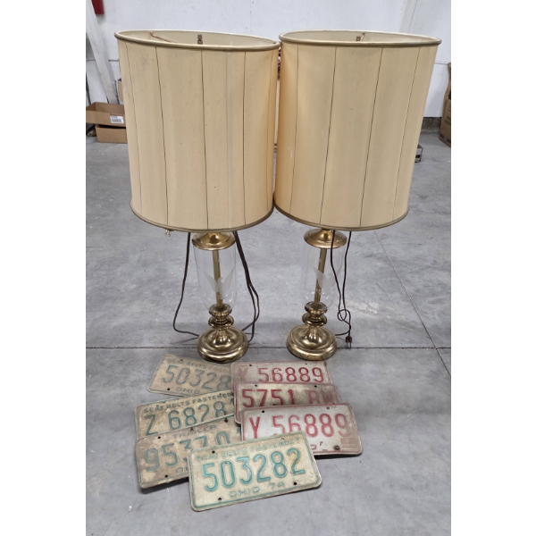 Vintage Beautiful 35'' Glass & Brass Eagle Lamps & Vintage License Plate Collection -No Shipping
