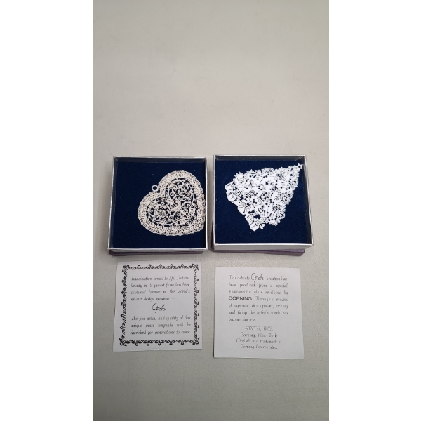 (2) Vintage Opelle Intricate Glass Ornaments Made By Corning Glass Works