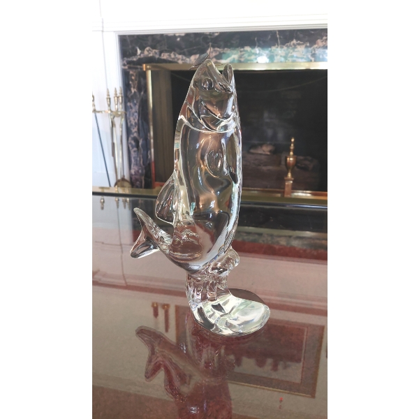 Gorgeous 12" Tall Lead Crystal Fighting Trout Sculpture With Hook In Mouth - Perfect Condition