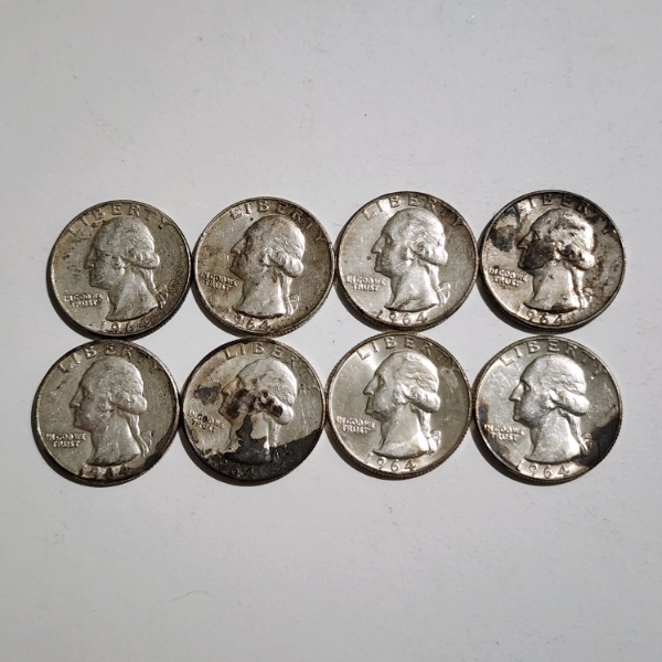 Eight Assorted 1964 United States Washington 90% Silver Quarters ~ $2.00 Face Value